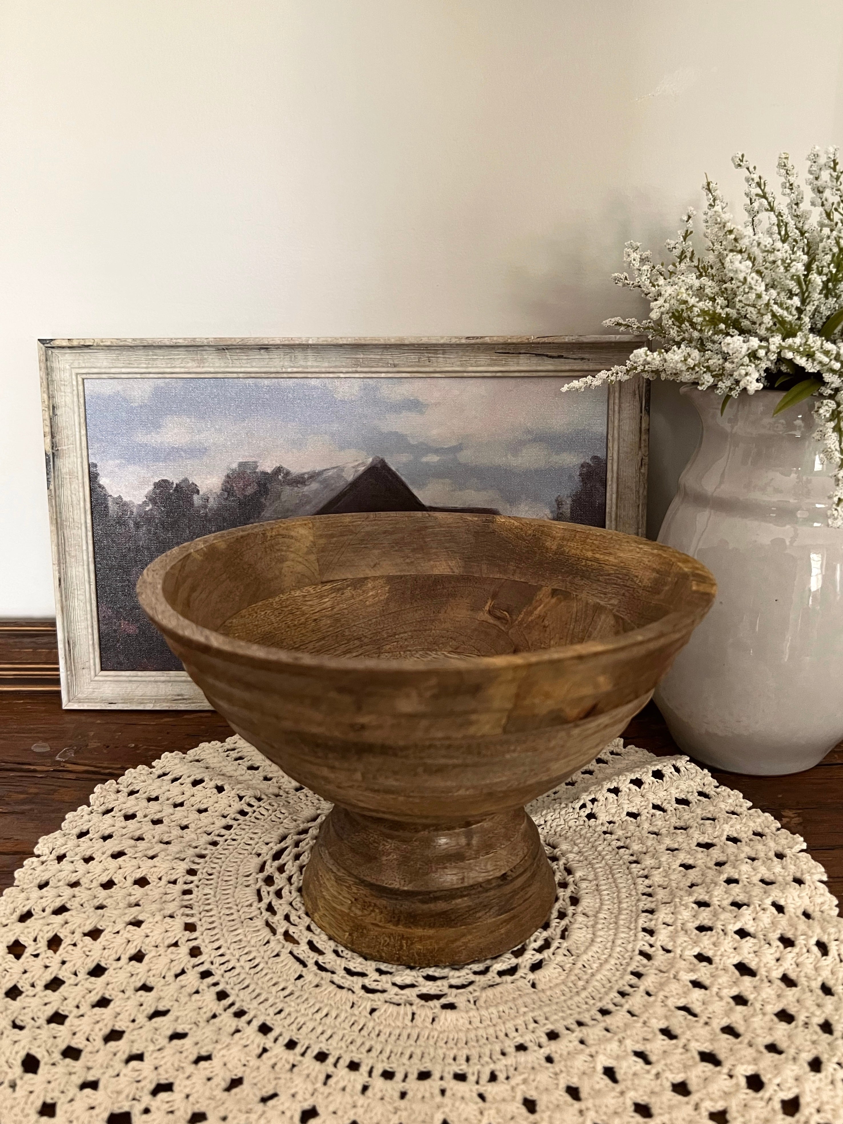 Mango Wood Ridged Footed Bowl Bowl 